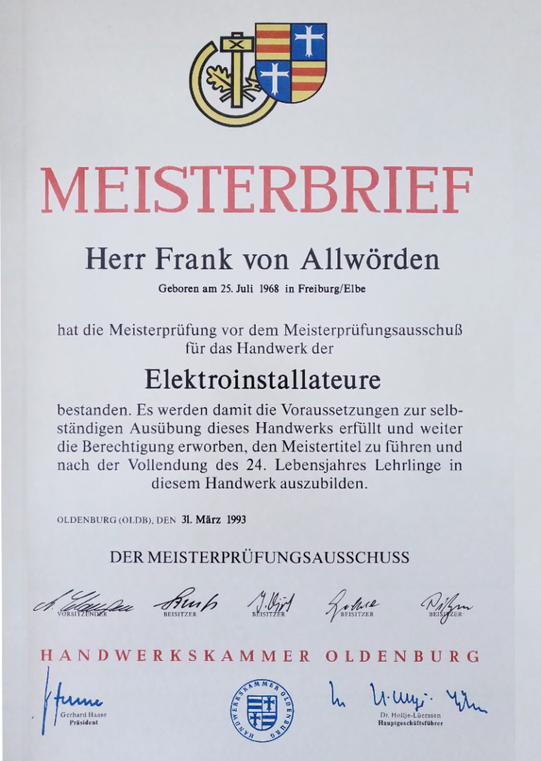 Meisterbrief Frank von Allwörden