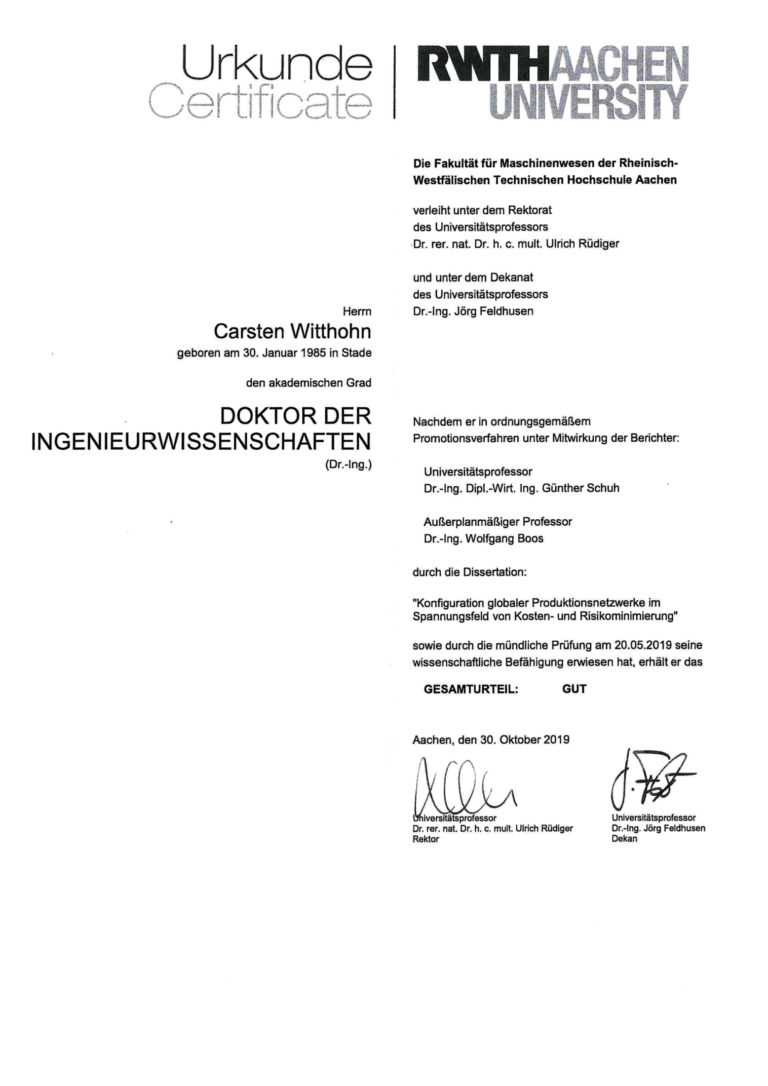 Promotions-Urkunde Dr. Carsten Witthohn